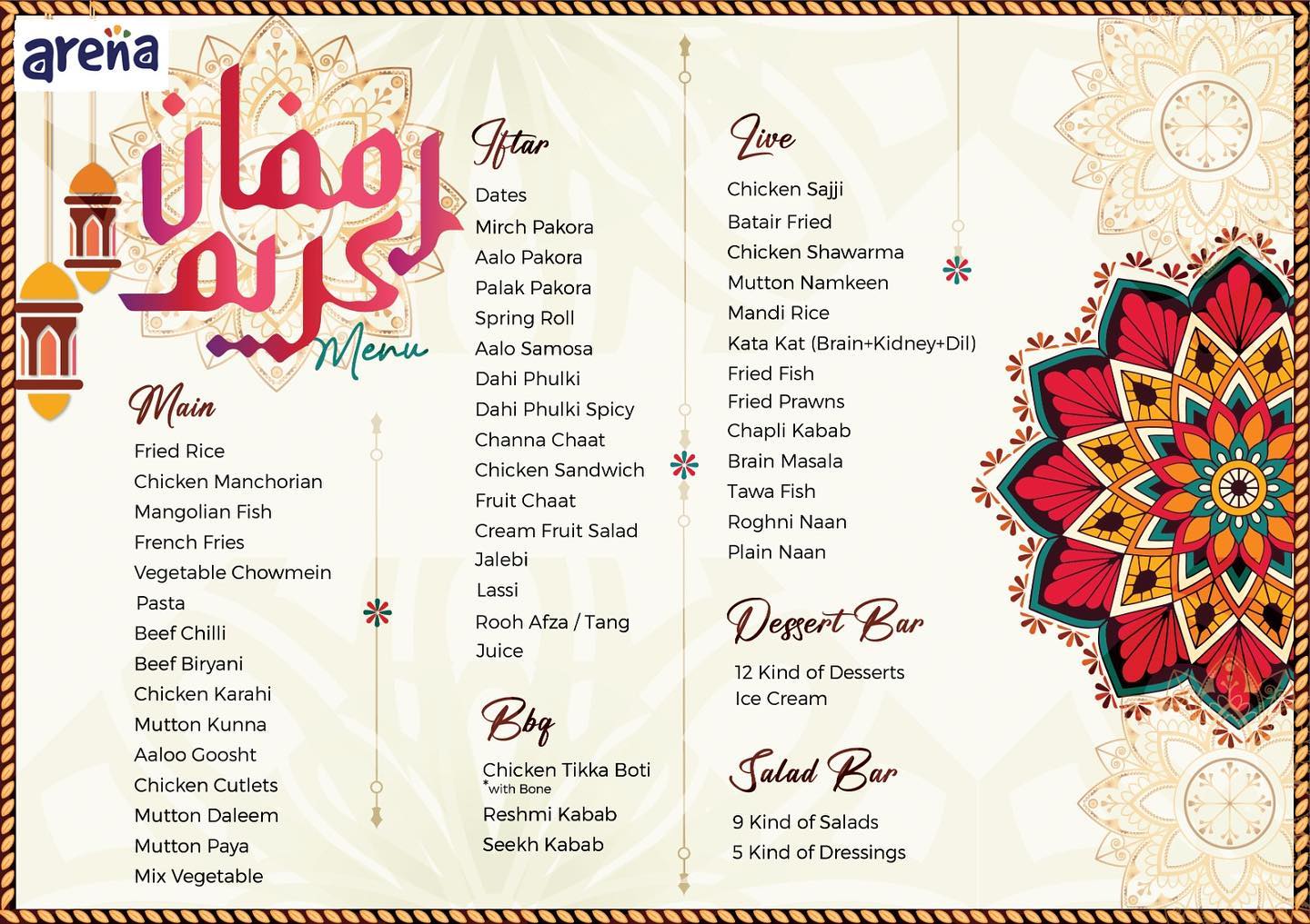 Arena Rangoli Iftar Buffet Dinner Menu! price just Rs.2698/ includes